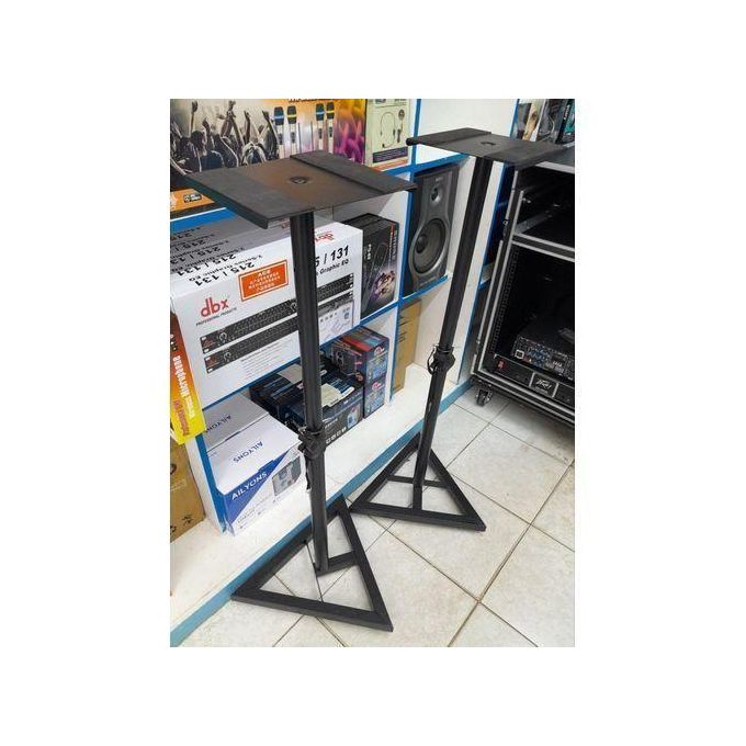 Adjustable studio monitor speaker stands with sturdy steel construction for accurate speaker positioning in home and professional recording studios.