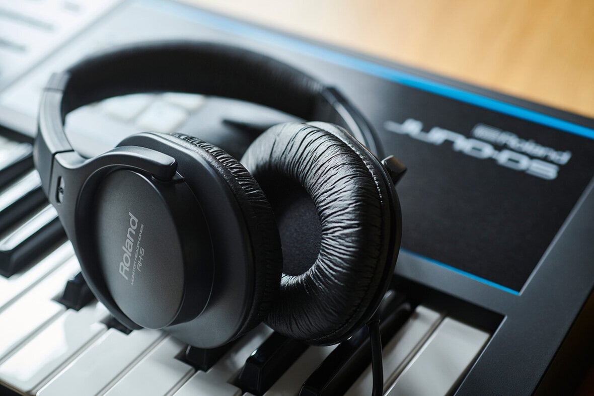 Roland RH-5 Studio Monitoring Headphones with 40mm Drivers, Closed-Back Over-Ear Design, 3.5 mm Plug, and 6.35 mm Adapter for Studio and Instrument Monitoring.