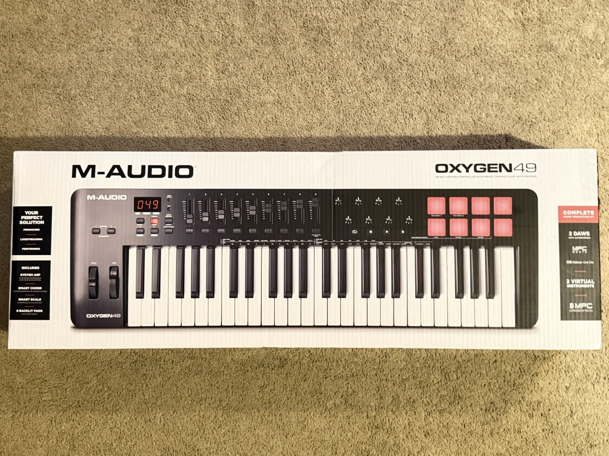 M-Audio Oxygen 49 IV 49-Key USB MIDI Keyboard Controller with Velocity-Sensitive Keys, Trigger Pads, Faders, Knobs, and DAW Integration.